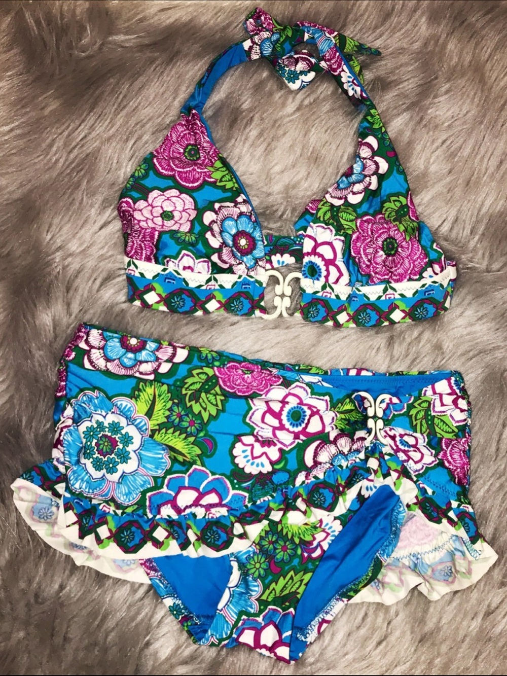 Becca swim Floral bikini beautiful Skirt bottom and halter top Size S